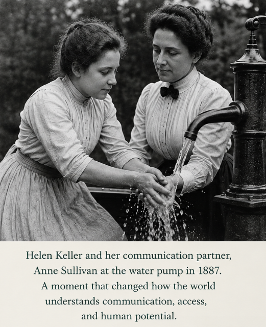 Helen Keller and her communication partner Anne Sullivan at a water pump in 1887, hand-over-hand under the flowing water.